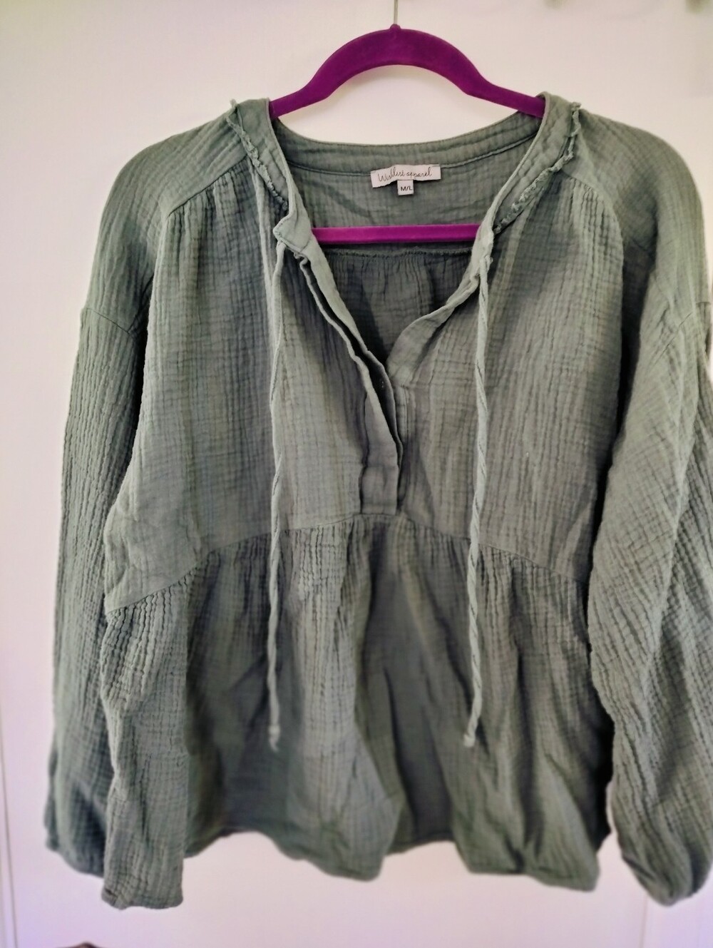 Wishlist Apparel Boho Double Gauze Moss Green Peasant Blouse – Size M/L